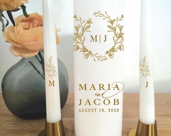 Personalized Wedding Unity Candle Set: Gold Laurel Wreath Monogram
