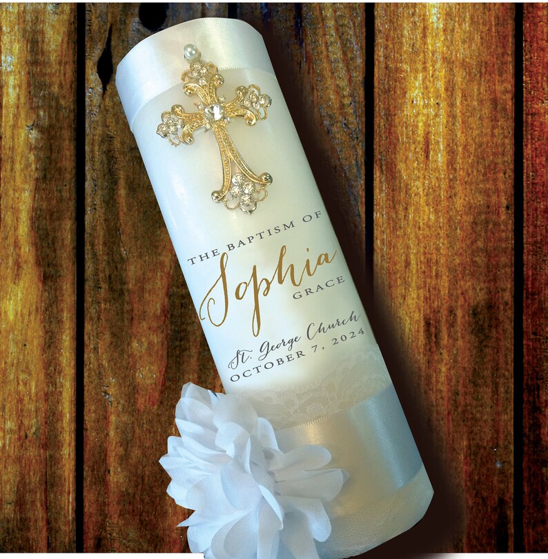 Baptism Christening Candle Gold Cross Candle Personalize Etsy