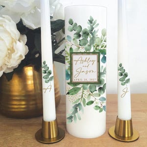 Unity Candle Wedding Set Personalize Watercolor  - Greenery Eucalyptus leaves HOLDERS NOT INCLUDED