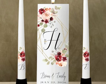 Unity Candle Wedding Set Personalize  - Bridal Shower Gift Burgundy Wine Dusty Rose Bittersweet terracotta gold frame gold #unitycandle