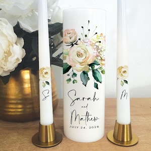 Unity Candle Wedding Set Personalize Custom  - Bridal Shower Gift White Roses STAND NOT INCLUDED