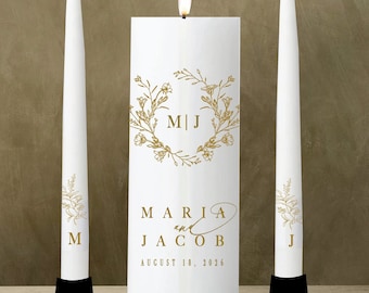 Modern Gold Leaves Wildflower Crest Monogram Unity Candle Set Wedding Personalize custom Wreath Laurel Vela de Matrimonio HOLDER NOT INCLUDE