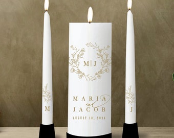 Simple Elegant Gold Leaves Wildflower Crest Monogram Unity Candle Set Weddings Personalize Custom  - Wreath Laurel