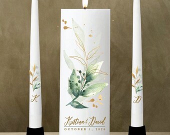 Unity Candle Wedding Set Personalize Rustic  - Green Gold leaves