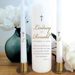 Personalized Wedding Unity Candle Set: Classic Script, Bible Verse (HOLDER NOT INCLUDED)
