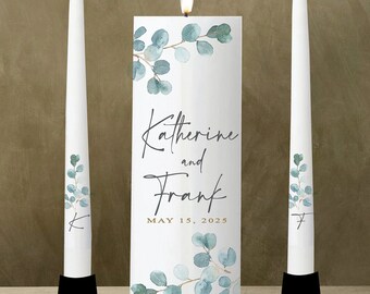 Unity Candle Wedding Set Personalize Rustic  - Eucalyptus leaves wedding decor