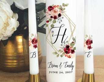 Unity Candle Wedding Personalize  - Bridal Shower Gift Burgundy Wine Dusty Rose Bittersweet terracotta gold frame gold  HOLDERS NOT INCLUDED