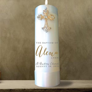 Gold Cross Christening Baptism Candle Personalize Custom no lace