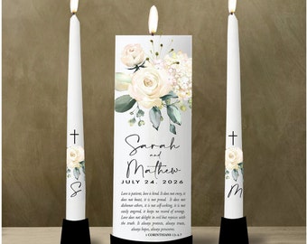 Simple Elegant White Roses with Bible Verse Unity Candle Set Weddings Personalize Custom