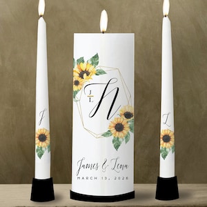 Unity Candle Wedding Set Personalize Custom  - Wild flower Monogram Sunflower fall autumn Bridal Shower Gift Black Gold