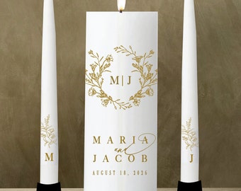 Simple Elegant Unity Candle Set Weddings Personalize Custom colors  - Monogram Wildflower Wreath