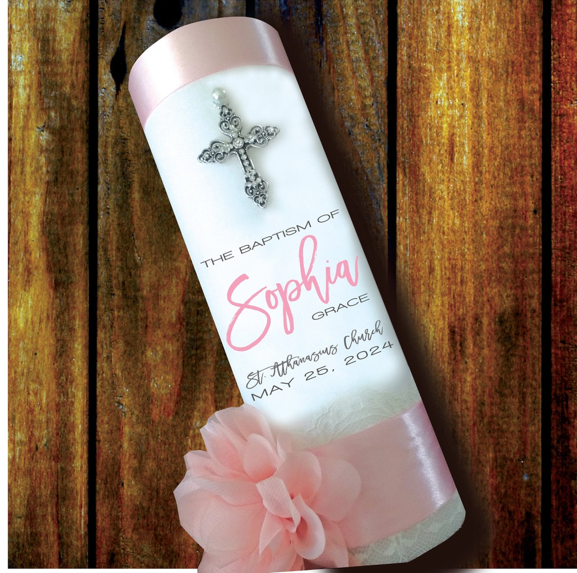 Christening Baptism Candle Personalize Custom Chiffon Rose Etsy