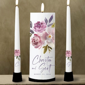 Personalized Unity Candle Set: Mauve Rose Wedding Candles