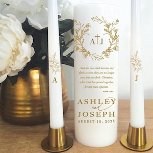 Modern Bible Verse Wildflower Wreath Crest Monogram Unity Candle Set Weddings Personalize Custom -Vela de Matrimonio - HOLDERS NOT INCLUDED