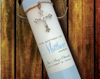 Christening Baptism Personalize Custom Navy for Baby Boy Candle - Twine Metal Cross