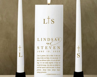 Simple Elegant with Bible Verse Gold Monogram Unity Candle Set Weddings Personalize Custom Vela de Matrimonio