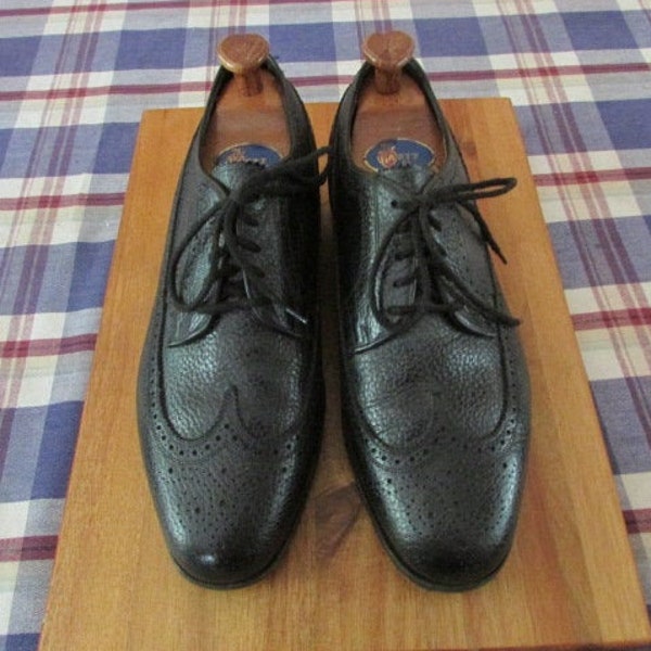 Mens Vintage Florshiem Black Wing Tipped Brogue Pebbled Leather Shoes Size 10 1/2 EEE - Excellent Vintage Condition