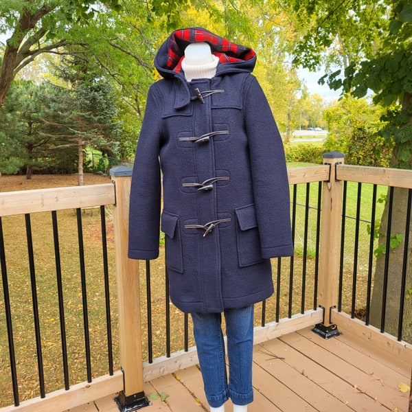 Wool Duffle Coat Pea Coat Hooded Winter Coat Unisex Small Navy Blue with Plaid Lining in Excellent Condition by Abercrombie and Fitch