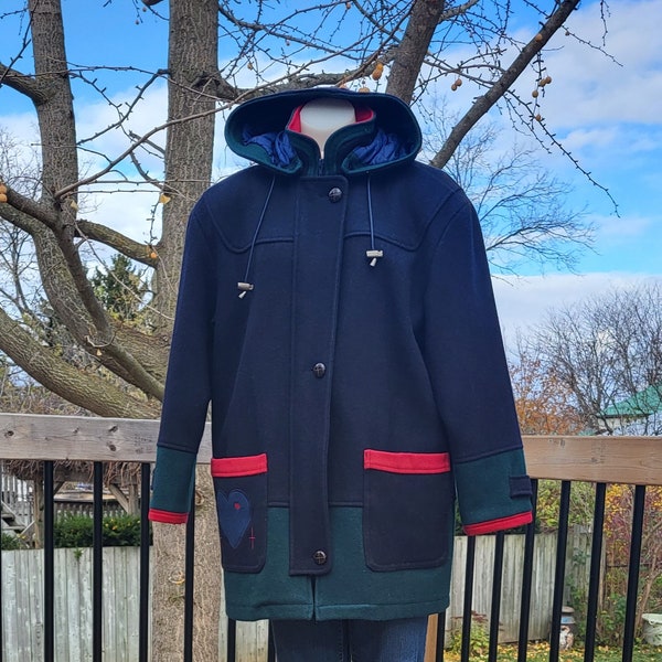 Wool Duffle Coat Size Medium Pea Coat Hooded Winter Coat Navy  & Green with Quilted Lining Excellent Condition by RENAISSACE Made in Canada