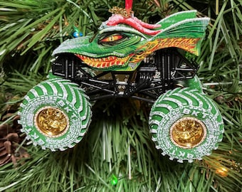 Monster Jam custom Christmas ornament Monster Truck Dragon green w/snow R