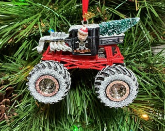 Monster Jam Hot Wheels custom Christmas ornament Monster Truck Bone Shaker skull and crossbones w/Santa,tree,snow R