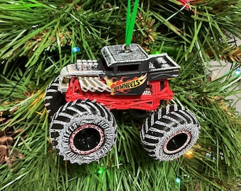 Monster Jam Hot Wheels custom Christmas ornament Monster Truck Bone Shaker hot wheels on door w/snow G