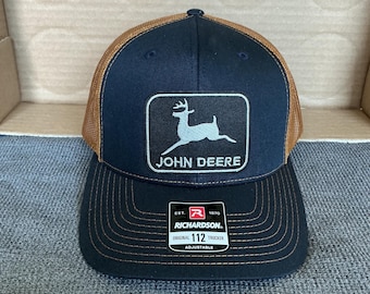 Richardson 112 SnapBack Mesh Trucker Hat - John Deere embroidered patch on front with USA embroidered flag on side - Navy/Caramel colorway