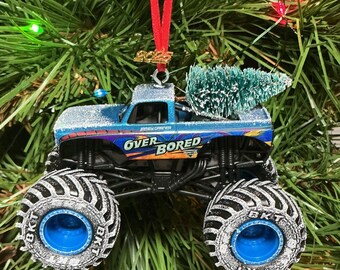 Monster Jam custom Christmas ornament Over Bored w/tree,snow