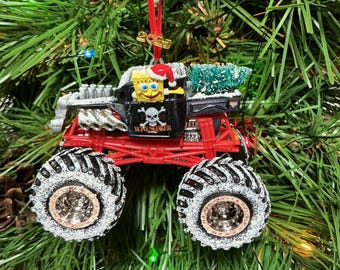 Monster Jam Hot Wheels custom Christmas ornament Monster Truck Bone Shaker skull and crossbones w/Spongebob,tree,snow R