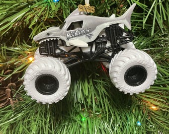 Monster Jam custom Christmas ornament Megalodon white wheels W