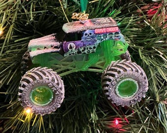 Monster Jam custom Christmas ornament Grave Digger green chassis w/snow