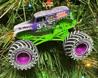 Monster Jam custom Christmas ornament Grave Digger 30th anniversary purple w/snow