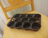 Vintage Wagner cast iron muffin pan no 8 11 hole cupcake corn cake bread oven pan skillet fryer made in USA antique cookware kitchen decor