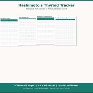 Puede incluir: Un rastreador PDF imprimible para la tiroides de Hashimoto, con cuatro páginas para resultados de laboratorio, síntomas diarios, medicación y desencadenantes alimentarios. El diseño incluye un encabezado y pie de página turquesa con el texto "Hashimoto's Thyroid Tracker".