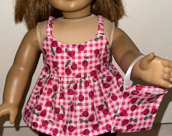 18 inch Doll Clothes Gingham Cherry Top and Jean Skirt Outfit with Matching Headband and Purse