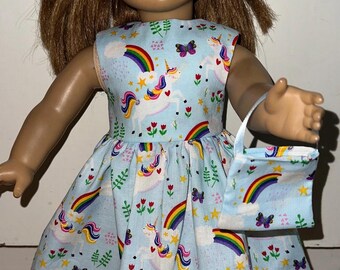 Unicorn Rainbow Light Blue Doll Dress for 18 inch Dolls with Matching Headband and Purse