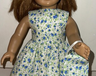 18 inch Doll Ditsy Blue Floral Dress with Matching Headband and Purse