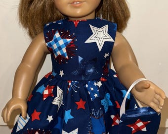 18 inch Doll 4th of July Patriotic Dress with Stars Red, White & Blue with Matching Headband and Purse