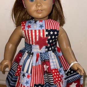 18 Inch Doll Dress Patriotic Patchwork Outfit with Matching Headband & Purse
