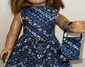 18 inch Dark Blue Floral Dress with Matching Headband and Purse For 18” Dolls