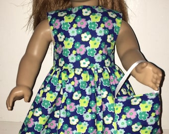 18 inch Blue Floral Doll Dress with Matching  Purse & Headband For 18" dolls clothes
