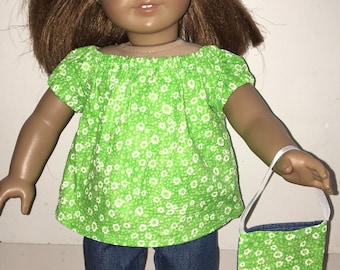 18" Doll Outfit Green and White Floral Top and Denim Capri Pants Outfit with Headband and Purse Fits 18 inch Dolls Clothes