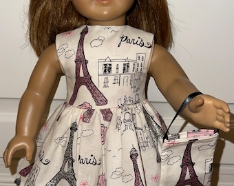 18 inch White Doll Dress “Paris” Theme Glitter Eiffel Tower Dress with Headband and Purse Fits 18" Dolls