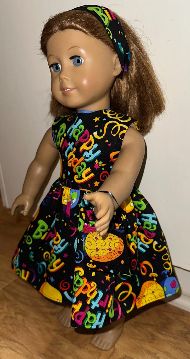 18 inch Doll Clothes Happy Birthday Balloon Black Dress with Headband and Purse For 18" Dolls image 3
