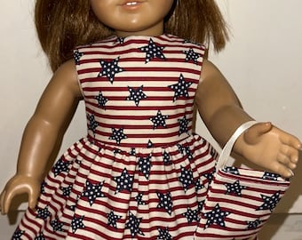 18 inch Doll 4th of July Stars and Stripes Dress with Matching Headband and Purse