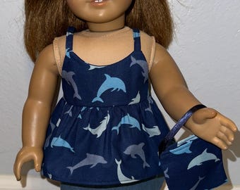 18 inch Doll Blue Dolphin Outfit includes Top, Skirt, Headband and Purse