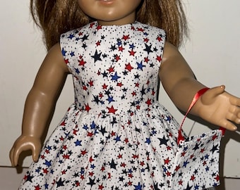 18 inch Doll Dress 4th of July Patriotic Outfit White with Red & Blue Stars, Matching Headband and Purse