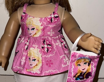 18 Inch Doll Clothes: Pink Glitter Frozen Outfit with Purse & Headband