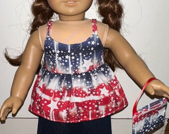 18 inch Doll Outfit, Tie Dye Patriotic Red, White and Blue Stars Top with Jean Shorts and Matching Headband and Purse 4th of July
