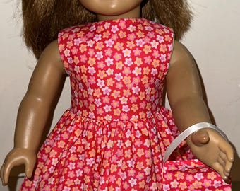 18 inch Doll Red Floral Dress, with Matching Headband and Purse